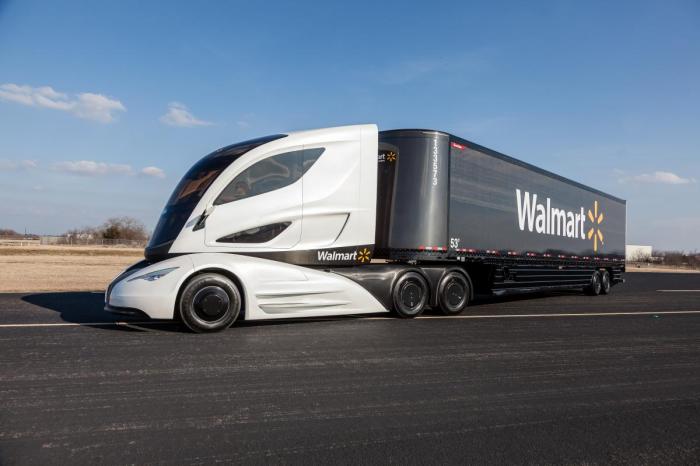 Walmart og Peterbilts konsept fra 2014 viser løsninger som hybrid-drivlinje med rekkeviddeforlenger i form av mikroturbiner. Foto: Walmart
